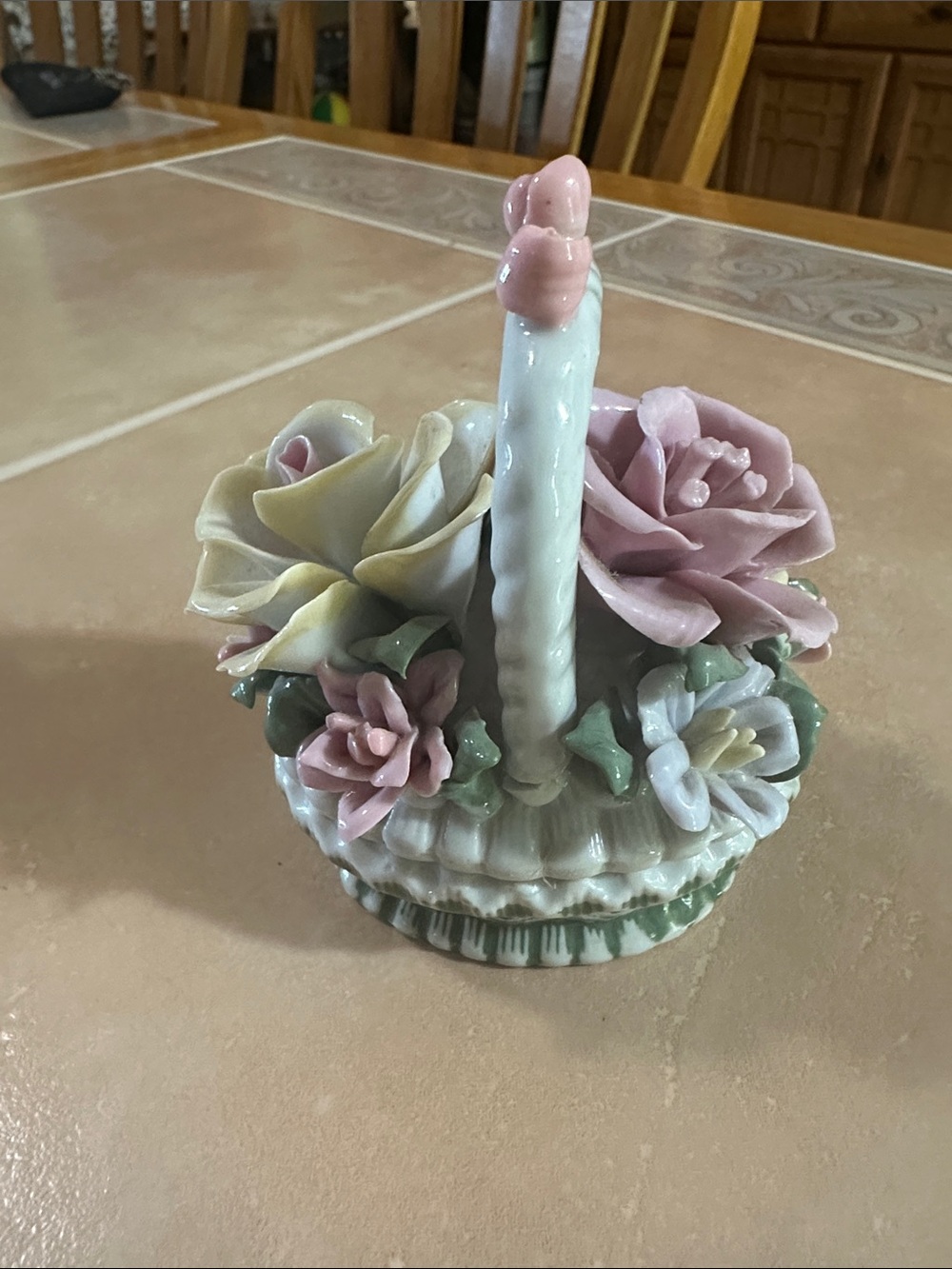 Porcelain Floral Basket Figurine Trinket Holder